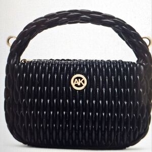 NWT Anne Klein Smock Textured Top Handle Black Bag W Removeable Gold Chain